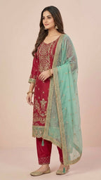 Maroon Organza Pant Style Suit Set