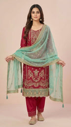 Maroon Organza Pant Style Suit Set