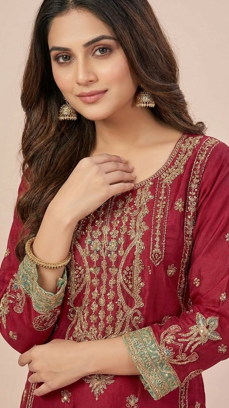 Maroon Organza Pant Style Suit Set