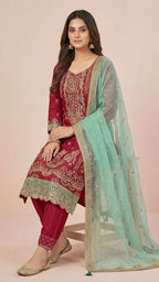 Maroon Organza Pant Style Suit Set