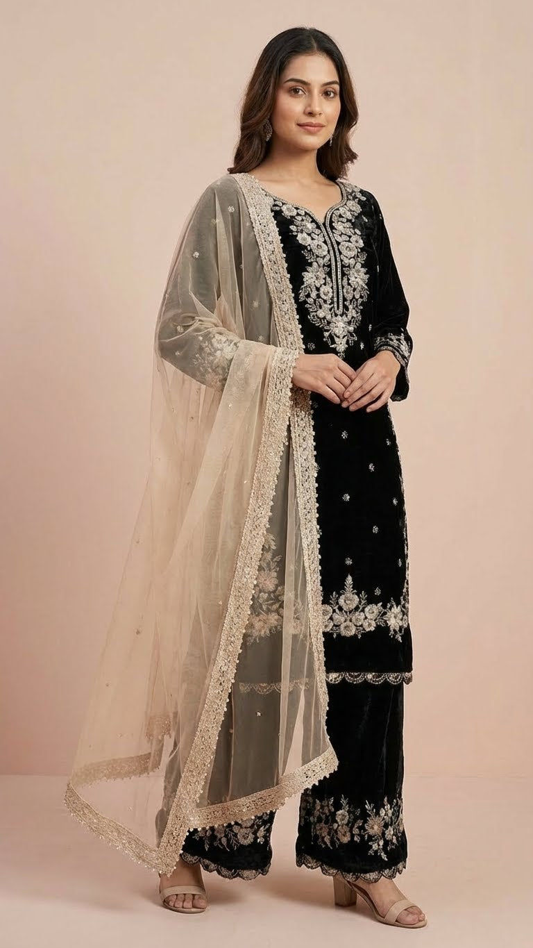 Classic Black Jimmy Choo Embroidered Readymade Suit Set