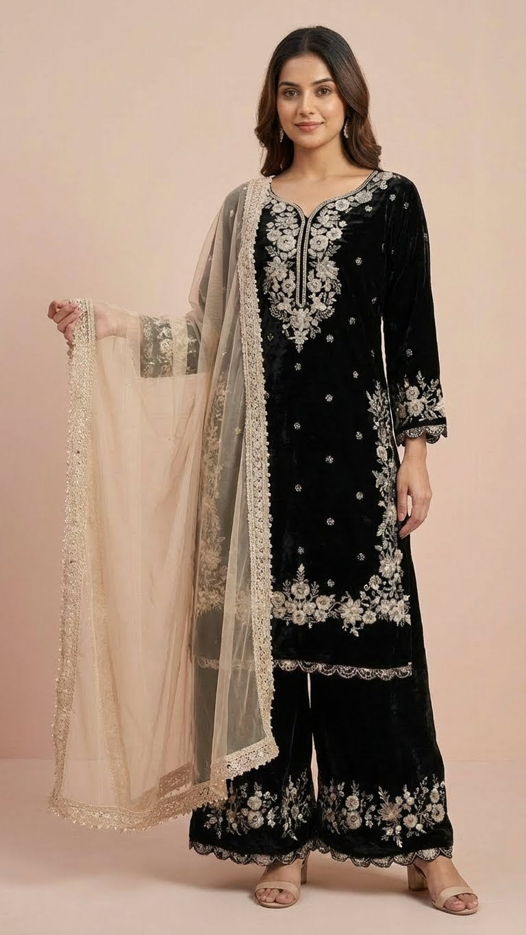 Classic Black Jimmy Choo Embroidered Readymade Suit Set