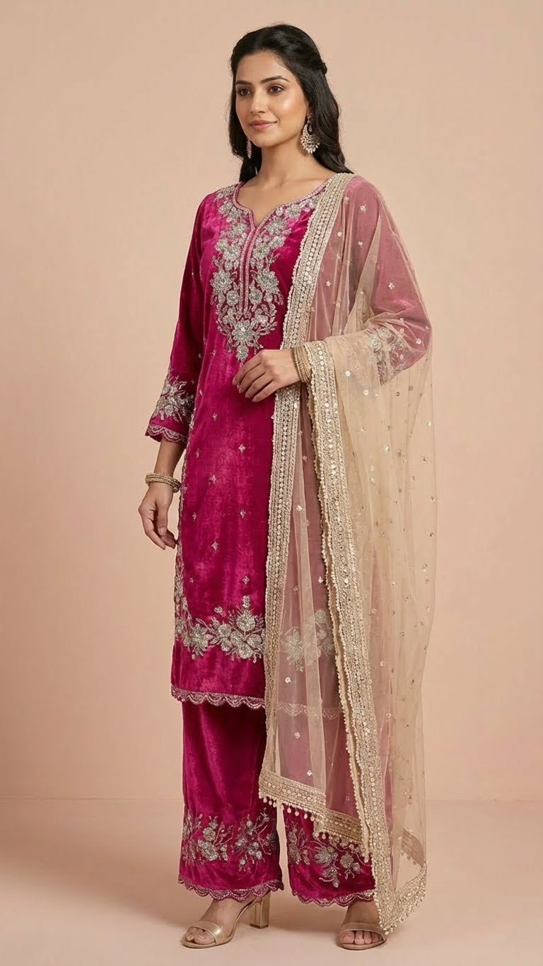 Magenta Jimmy Choo Embroidered Readymade Suit Set