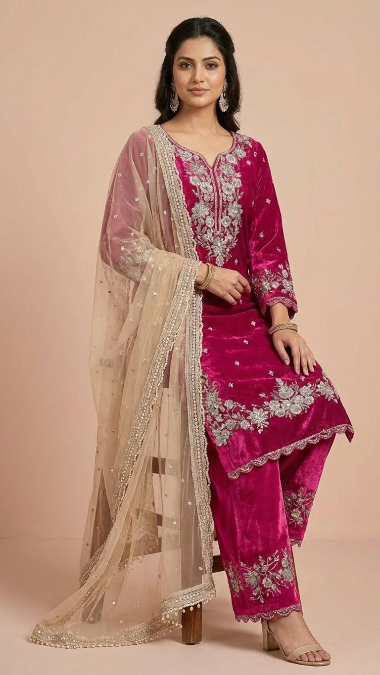 Magenta Jimmy Choo Embroidered Readymade Suit Set