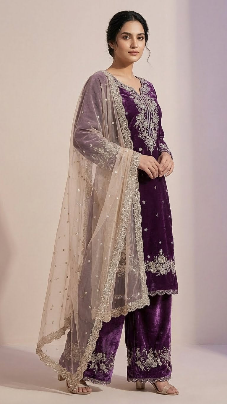 Depp purple Jimmy Choo Embroidered Readymade Suit Set