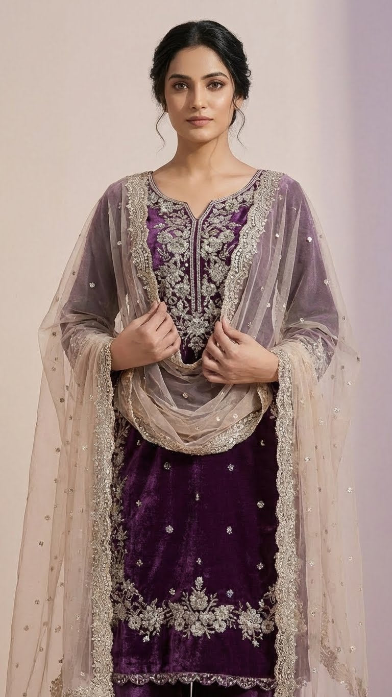 Depp purple Jimmy Choo Embroidered Readymade Suit Set