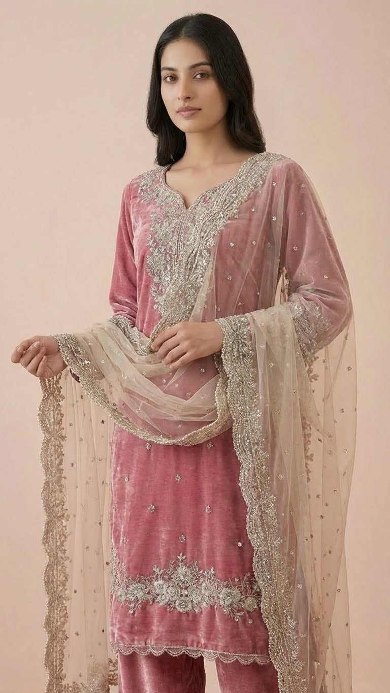 Rose Pink Jimmy Choo Embroidered Readymade Suit Set