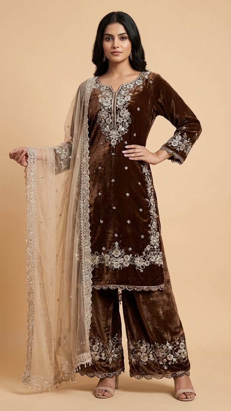 Coffee Brown Jimmy Choo Embroidered Readymade Suit Set