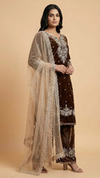 Coffee Brown Jimmy Choo Embroidered Readymade Suit Set