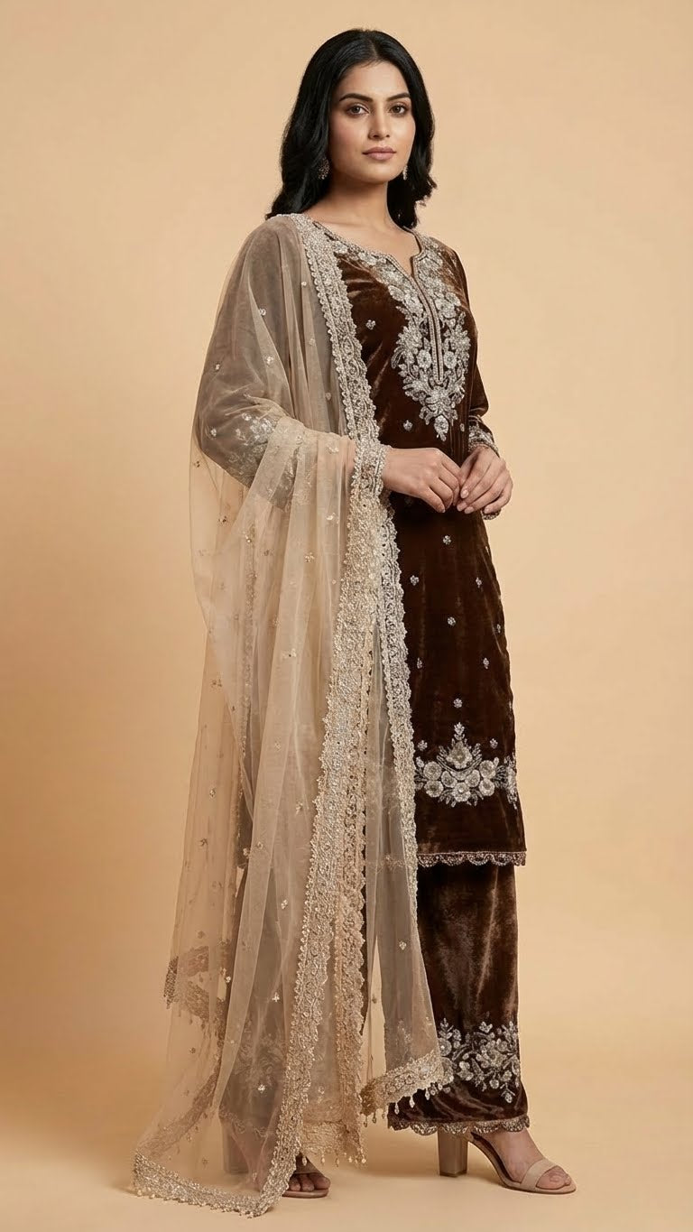 Coffee Brown Jimmy Choo Embroidered Readymade Suit Set