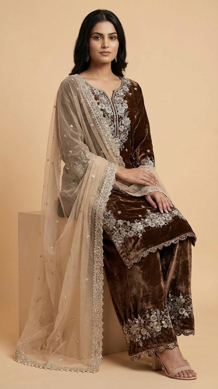 Coffee Brown Jimmy Choo Embroidered Readymade Suit Set