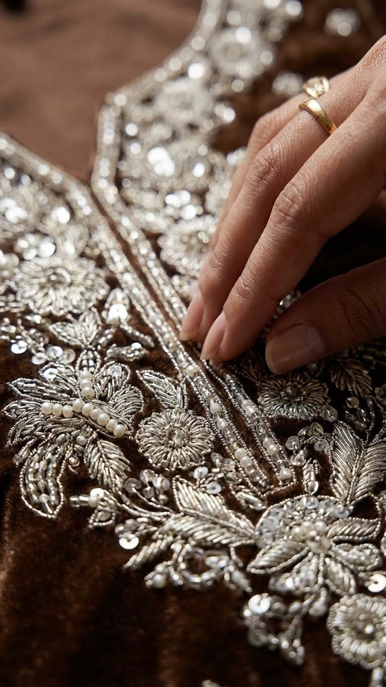 Coffee Brown Jimmy Choo Embroidered Readymade Suit Set