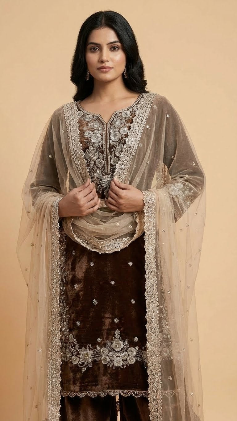 Coffee Brown Jimmy Choo Embroidered Readymade Suit Set