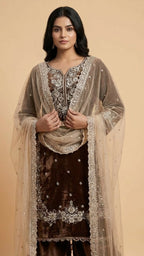 Coffee Brown Jimmy Choo Embroidered Readymade Suit Set