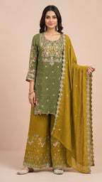 Mehendi Green & Mustard Yellow Crunchy Silk Khatli Work Suit Set