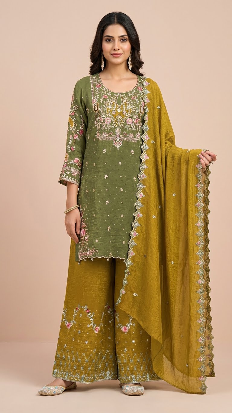 Mehendi Green & Mustard Yellow Crunchy Silk Khatli Work Suit Set