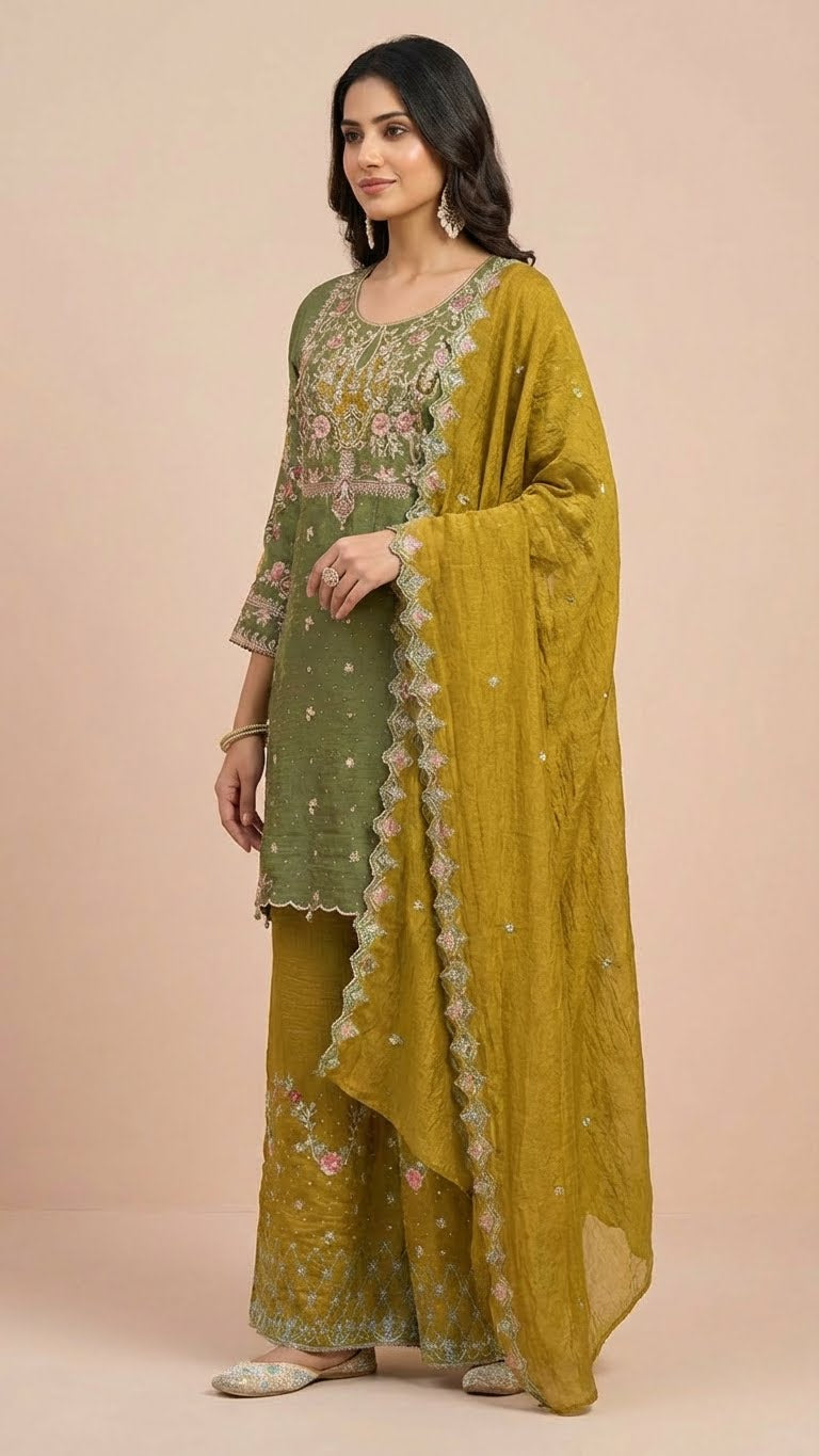 Mehendi Green & Mustard Yellow Crunchy Silk Khatli Work Suit Set