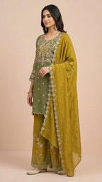 Mehendi Green & Mustard Yellow Crunchy Silk Khatli Work Suit Set