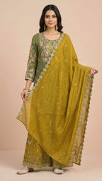 Mehendi Green & Mustard Yellow Crunchy Silk Khatli Work Suit Set