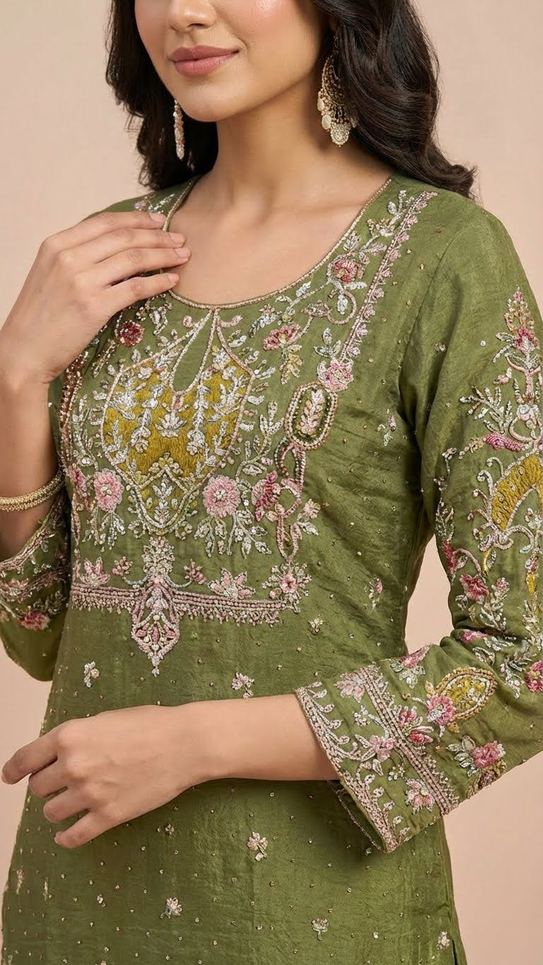 Mehendi Green & Mustard Yellow Crunchy Silk Khatli Work Suit Set
