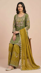 Mehendi Green & Mustard Yellow Crunchy Silk Khatli Work Suit Set