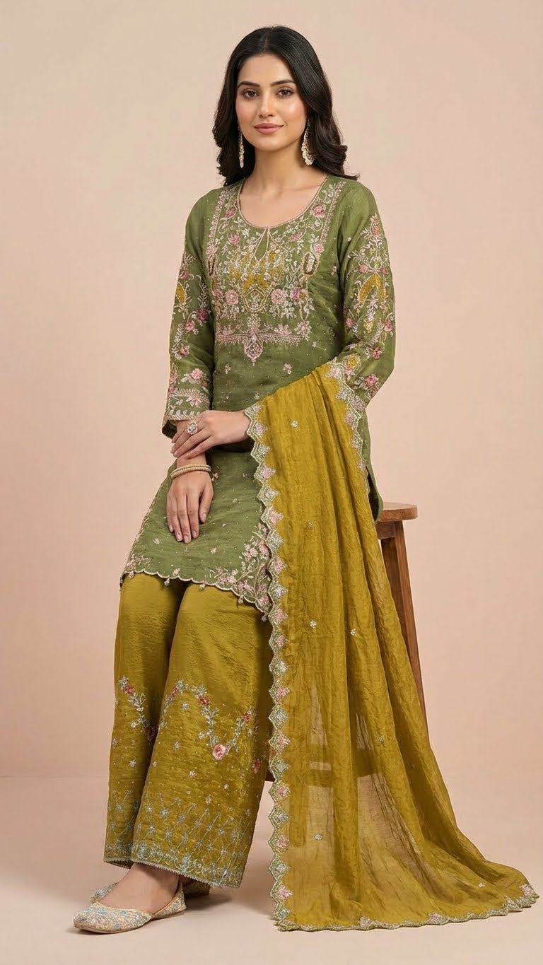 Mehendi Green & Mustard Yellow Crunchy Silk Khatli Work Suit Set