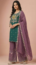 Deep Teal and Mauve Crunchy Silk Khatli Work Suit Set