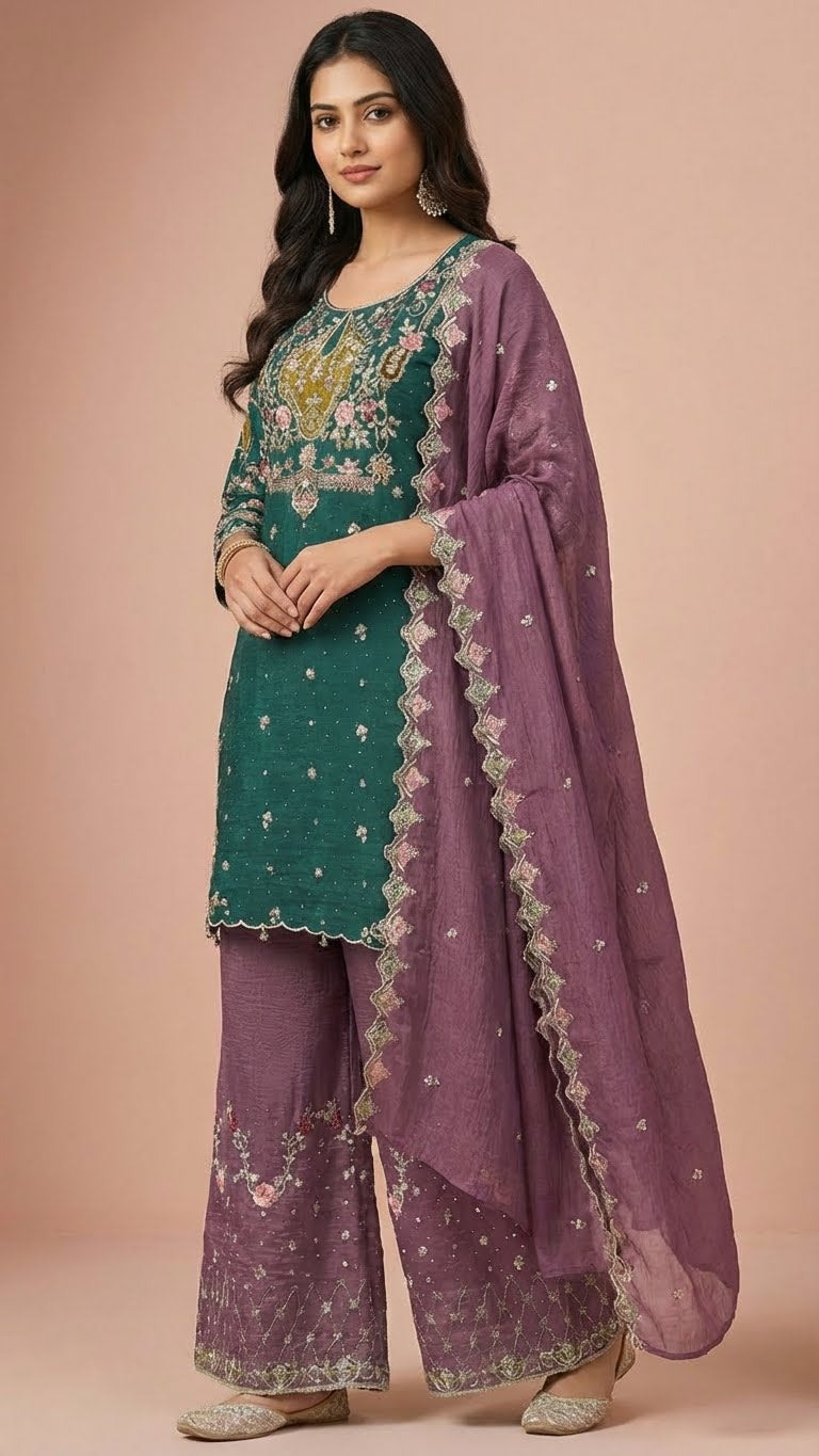 Deep Teal and Mauve Crunchy Silk Khatli Work Suit Set