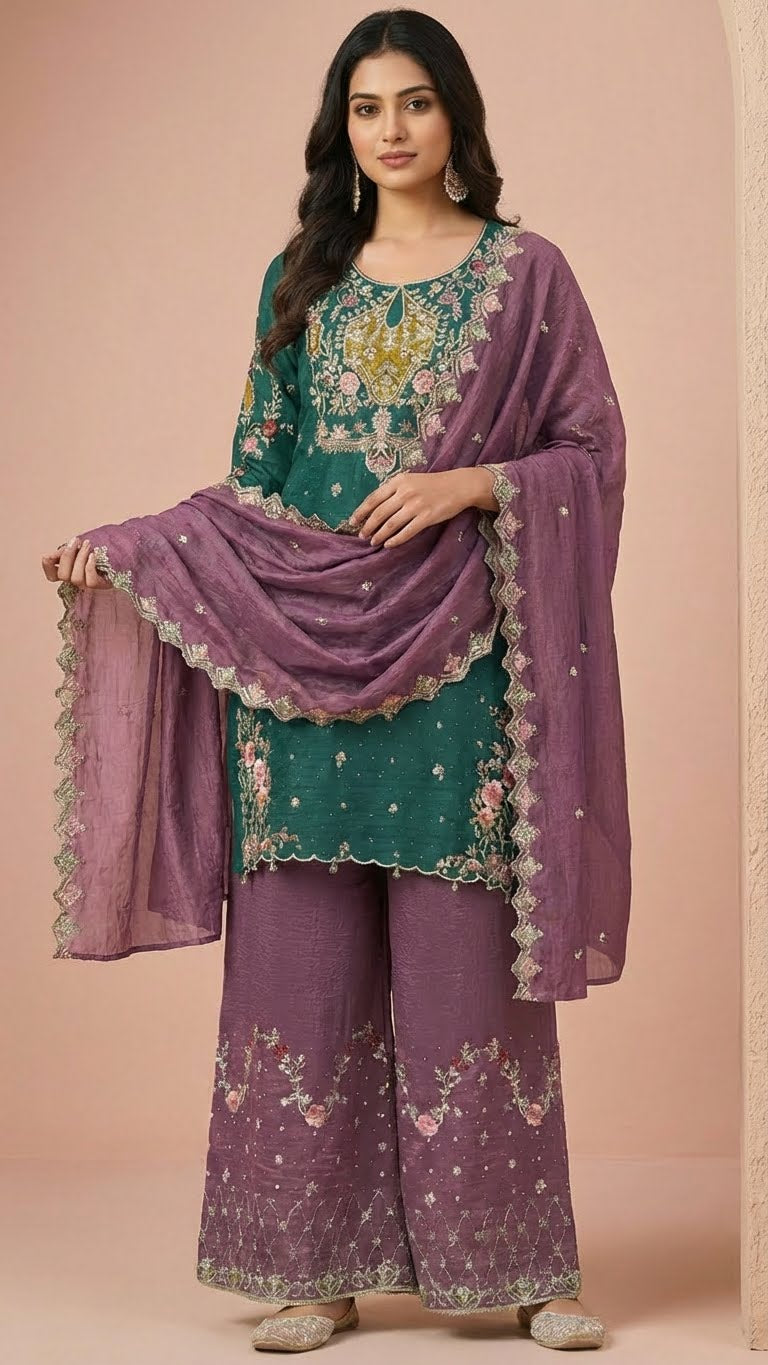 Deep Teal and Mauve Crunchy Silk Khatli Work Suit Set