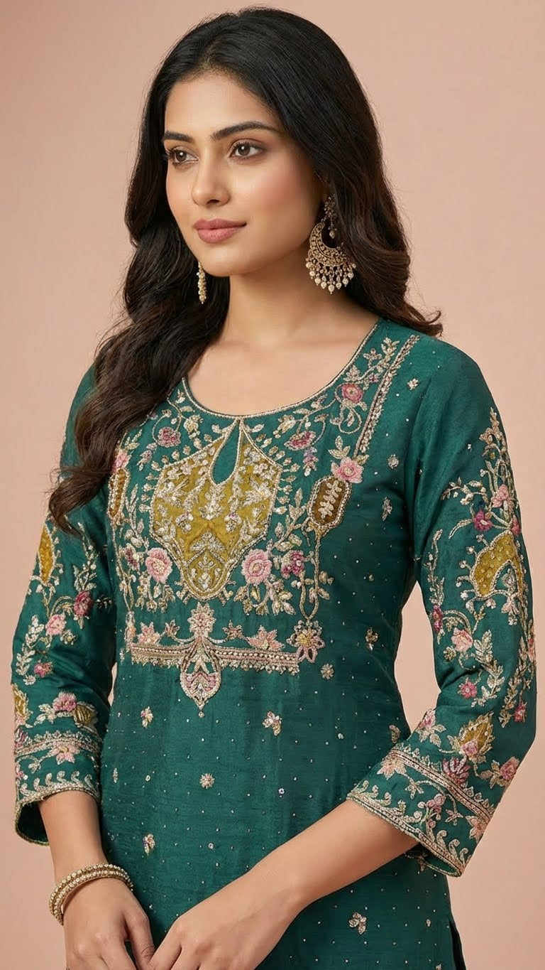 Deep Teal and Mauve Crunchy Silk Khatli Work Suit Set