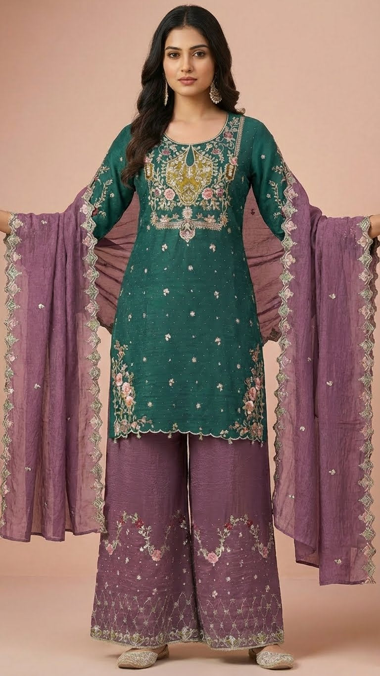 Deep Teal and Mauve Crunchy Silk Khatli Work Suit Set