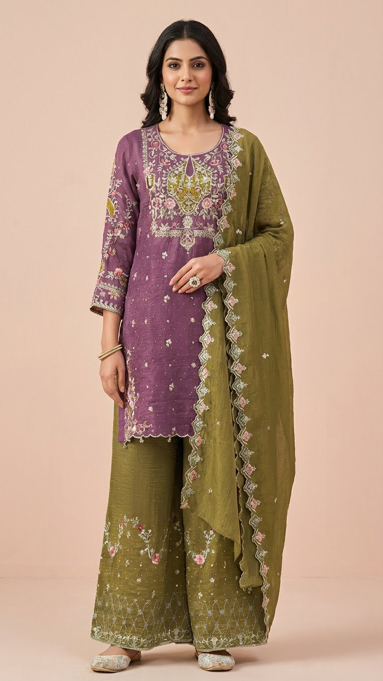 Deep Mauve & Olive Crunchy Silk Khatli Work Suit Set