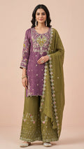 Deep Mauve & Olive Crunchy Silk Khatli Work Suit Set