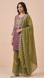 Deep Mauve & Olive Crunchy Silk Khatli Work Suit Set