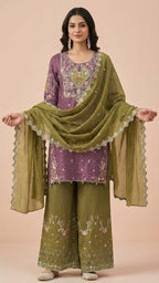 Deep Mauve & Olive Crunchy Silk Khatli Work Suit Set