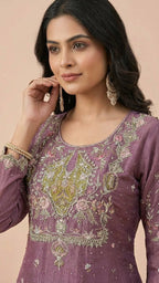 Deep Mauve & Olive Crunchy Silk Khatli Work Suit Set