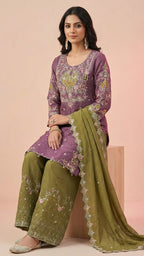 Deep Mauve & Olive Crunchy Silk Khatli Work Suit Set