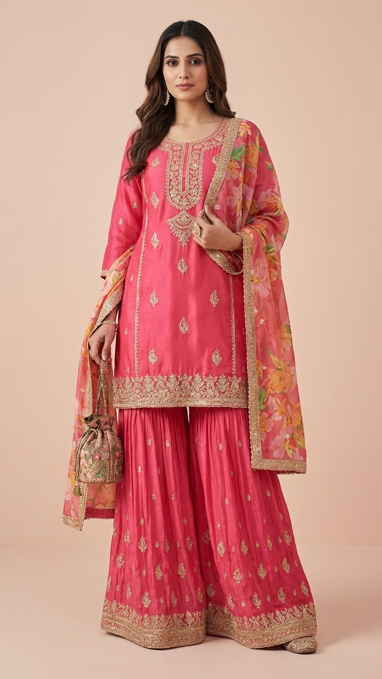 Rose Pink Simar Silk Embroidered Sharara Suit Set
