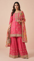 Rose Pink Simar Silk Embroidered Sharara Suit Set