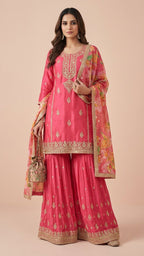 Rose Pink Simar Silk Embroidered Sharara Suit Set