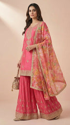 Rose Pink Simar Silk Embroidered Sharara Suit Set