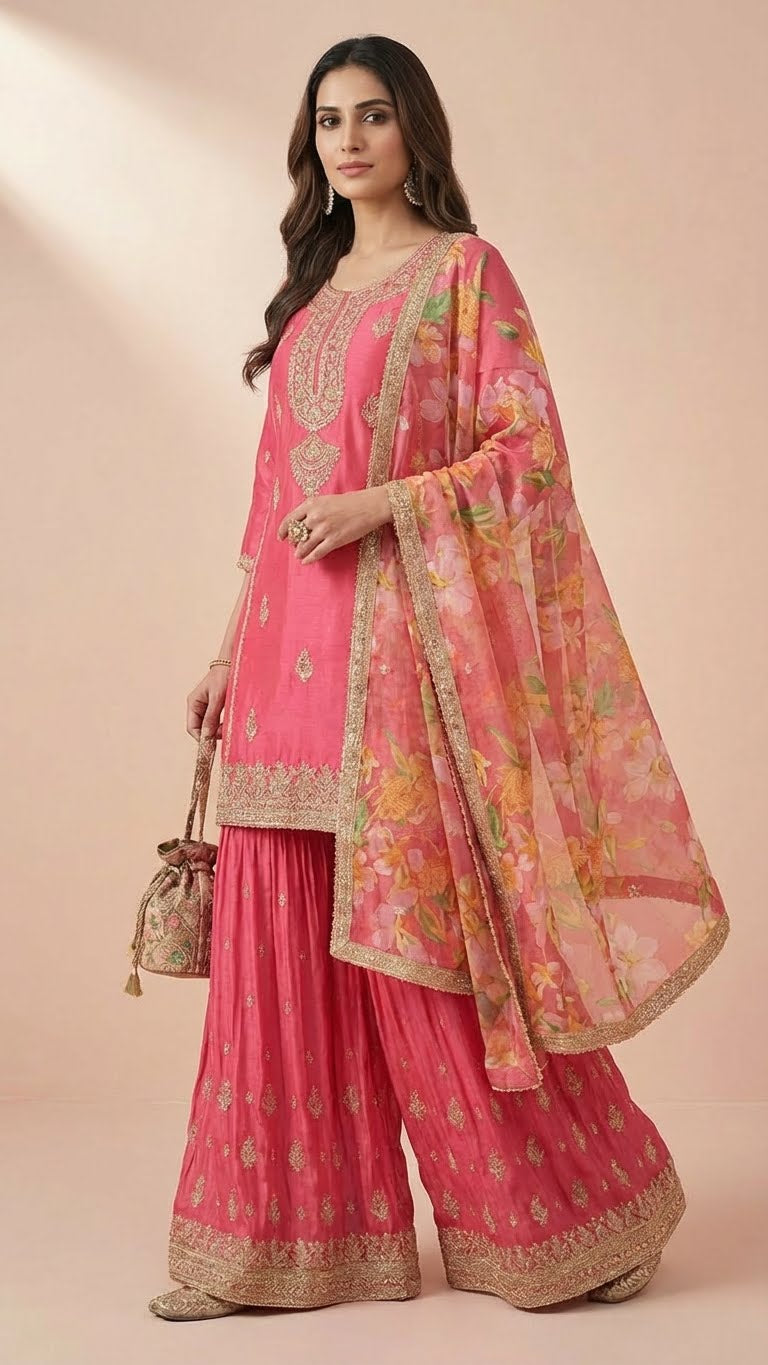 Rose Pink Simar Silk Embroidered Sharara Suit Set