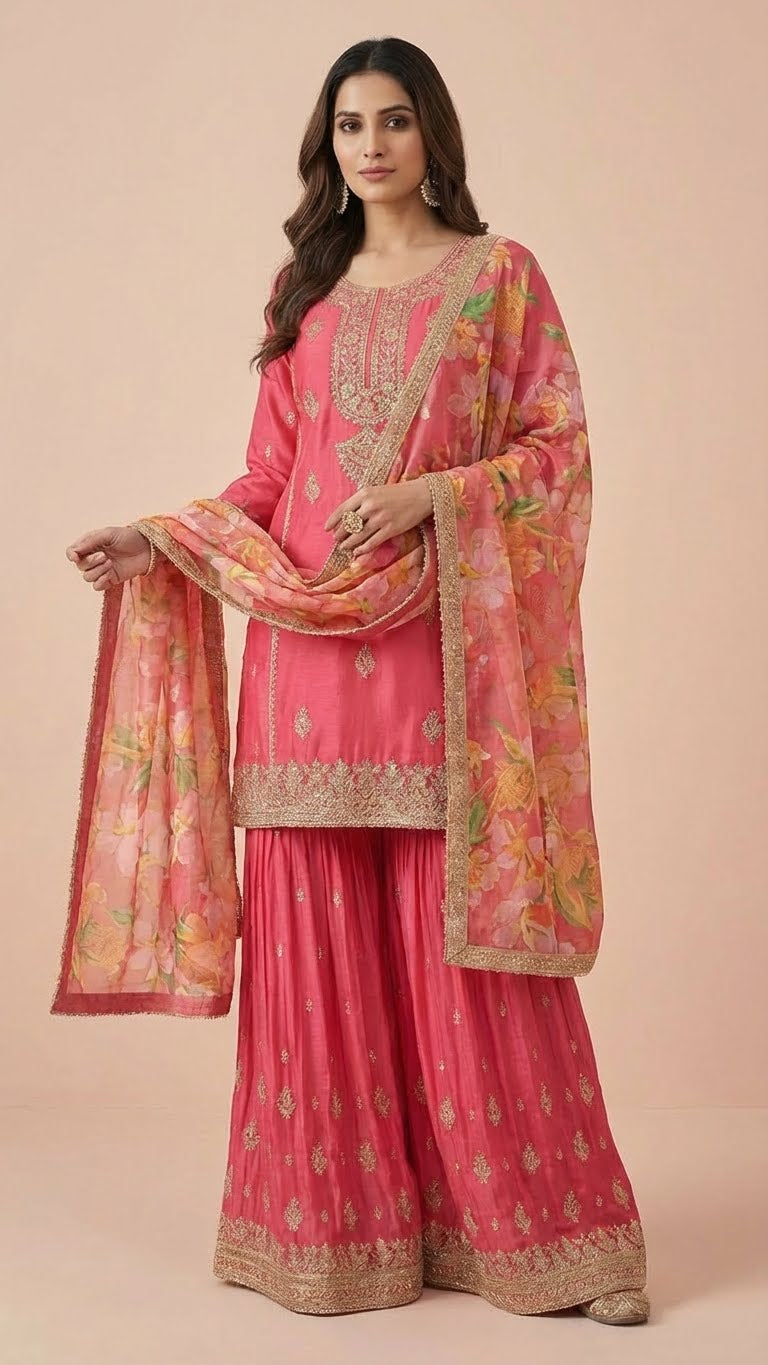 Rose Pink Simar Silk Embroidered Sharara Suit Set