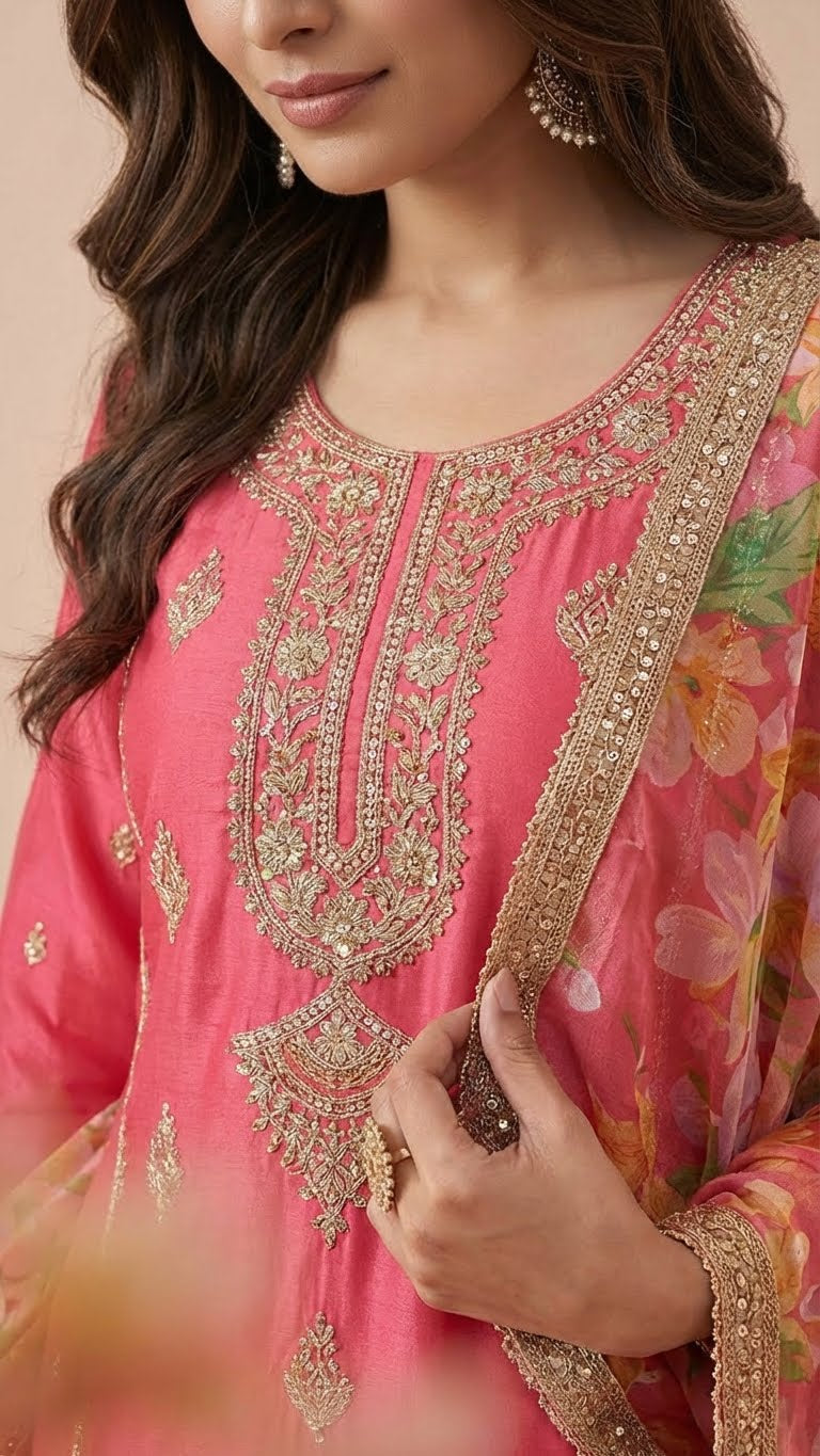 Rose Pink Simar Silk Embroidered Sharara Suit Set