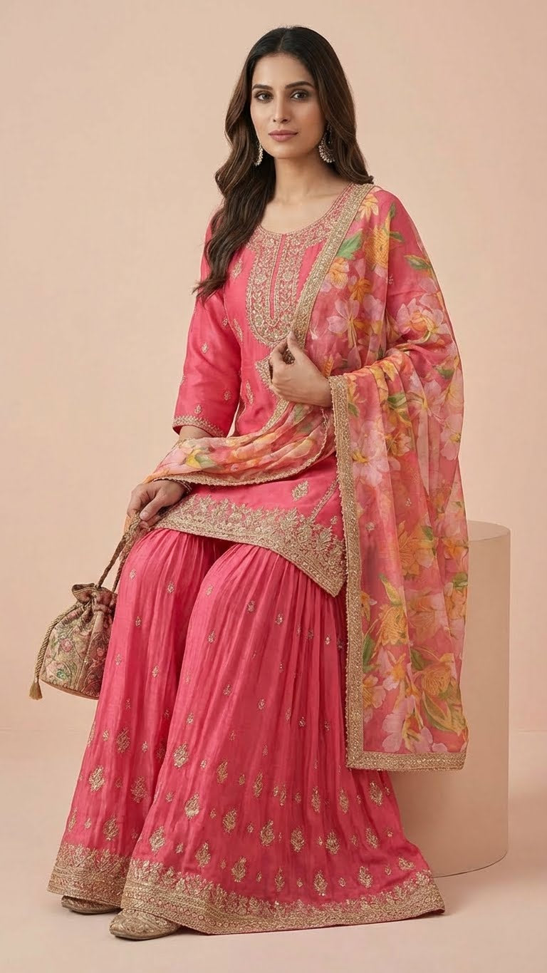 Rose Pink Simar Silk Embroidered Sharara Suit Set