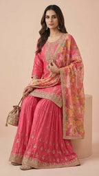 Rose Pink Simar Silk Embroidered Sharara Suit Set