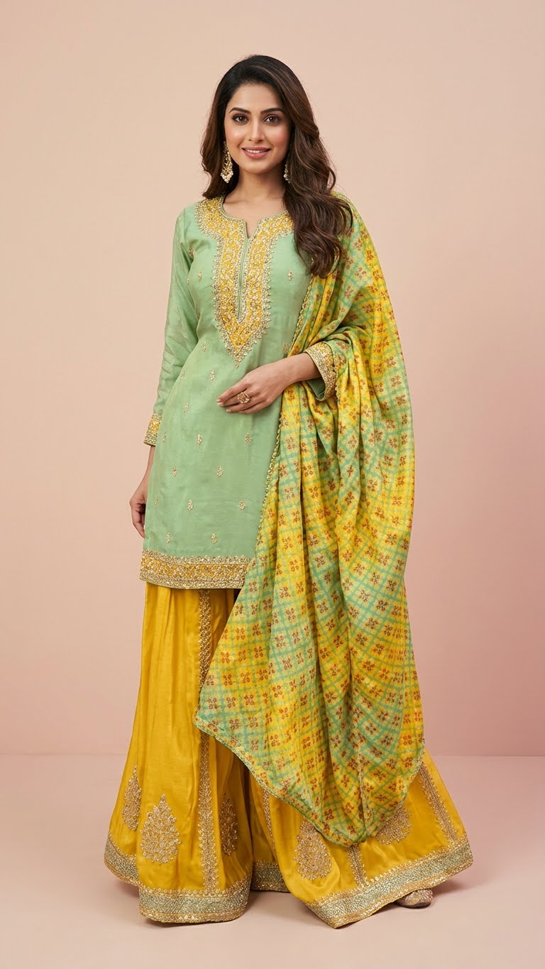 Pistachio Green & Mustard Yellow Jacquard Silk Sharara Set