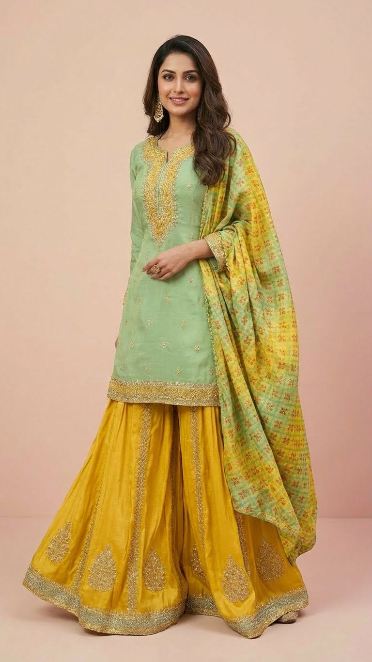 Pistachio Green & Mustard Yellow Jacquard Silk Sharara Set