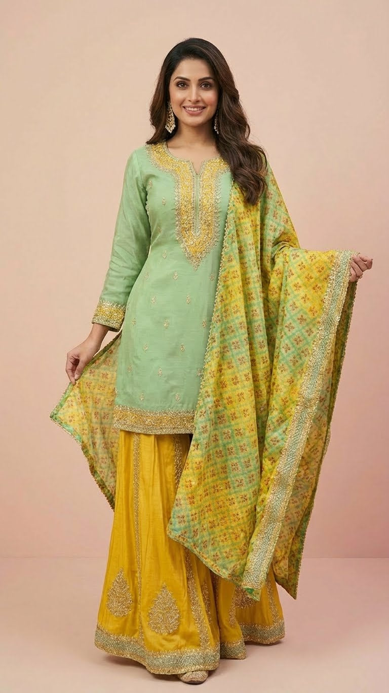 Pistachio Green & Mustard Yellow Jacquard Silk Sharara Set