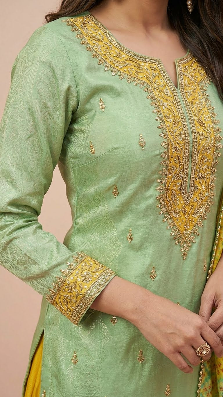 Pistachio Green & Mustard Yellow Jacquard Silk Sharara Set